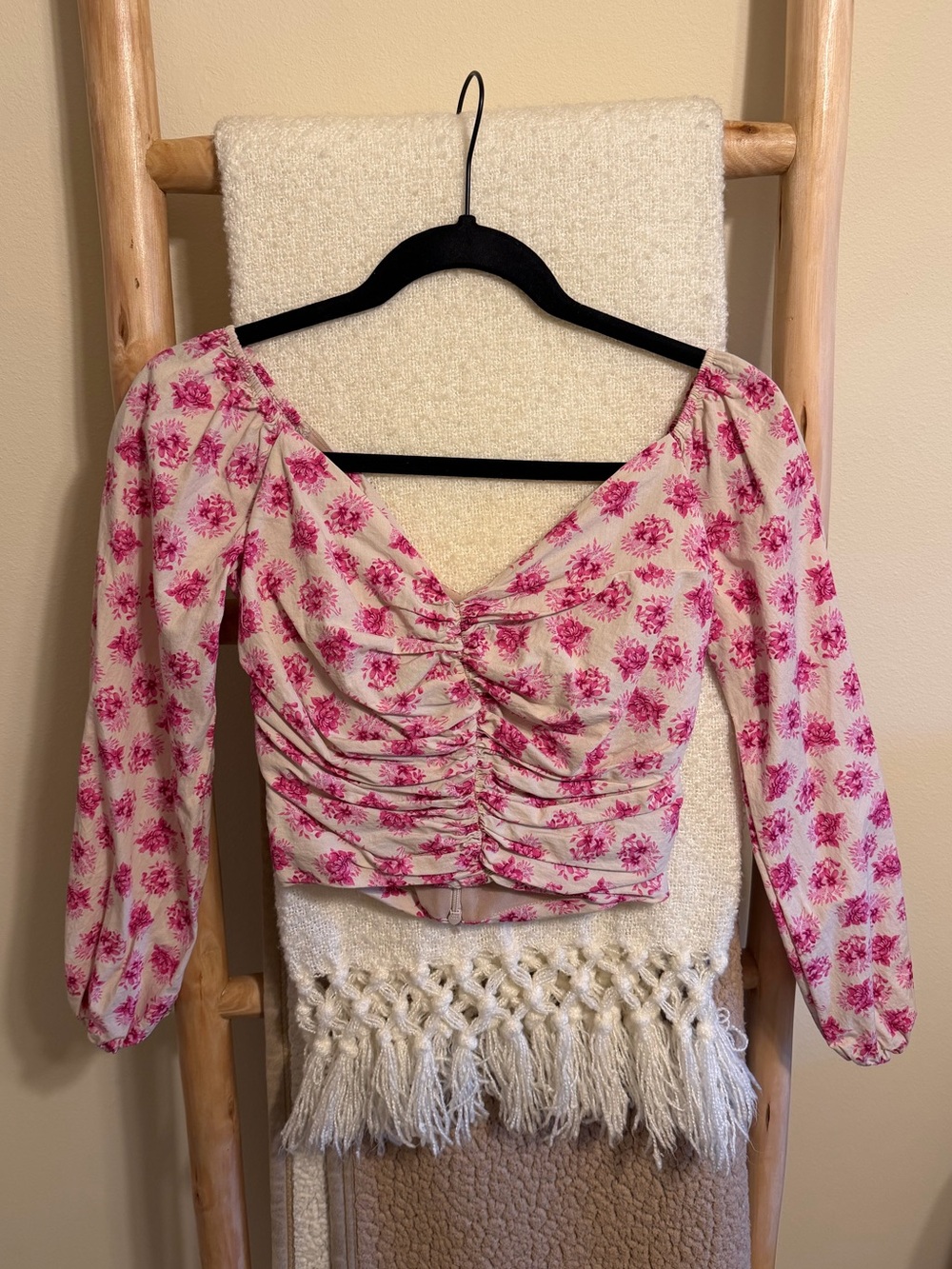 Zara Pink Floral Ruched Scoop-Neck Crop Top